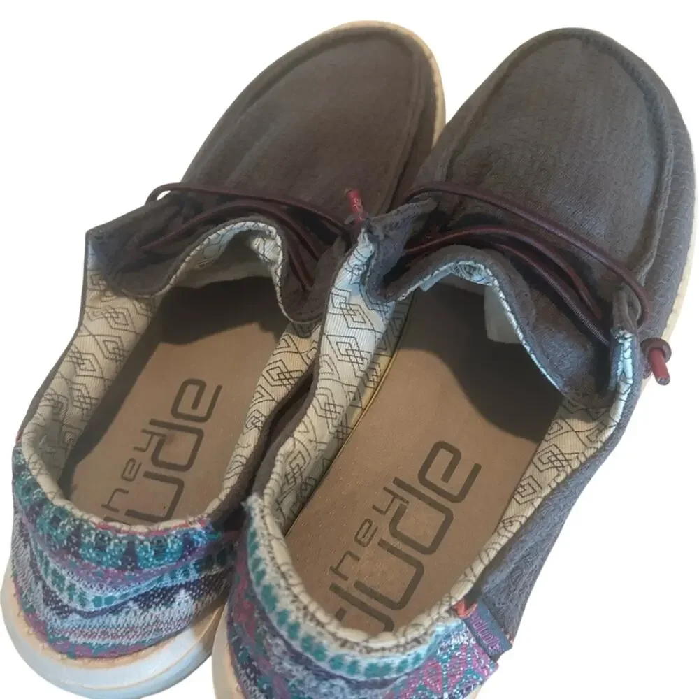 Hey Dude Womens Size 7 Gray Slip On Shoes Pink Turquoise Patterned Trim Loafers
